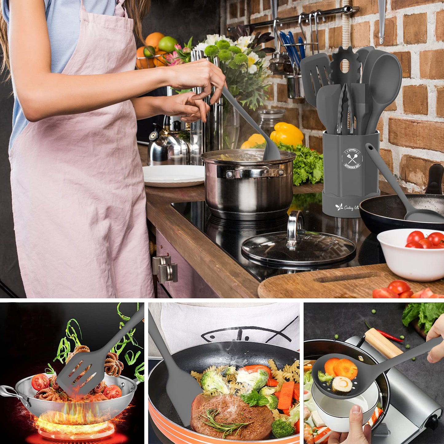 Silicone Kitchen Utensils Set, 16-Piece Silicone Cooking Utensils by Deedro, Heat Resistant Kitchen Tools Set with Holder, Nonstick Spatula Kitchen Gadgets for Cooking & Baking, Gray