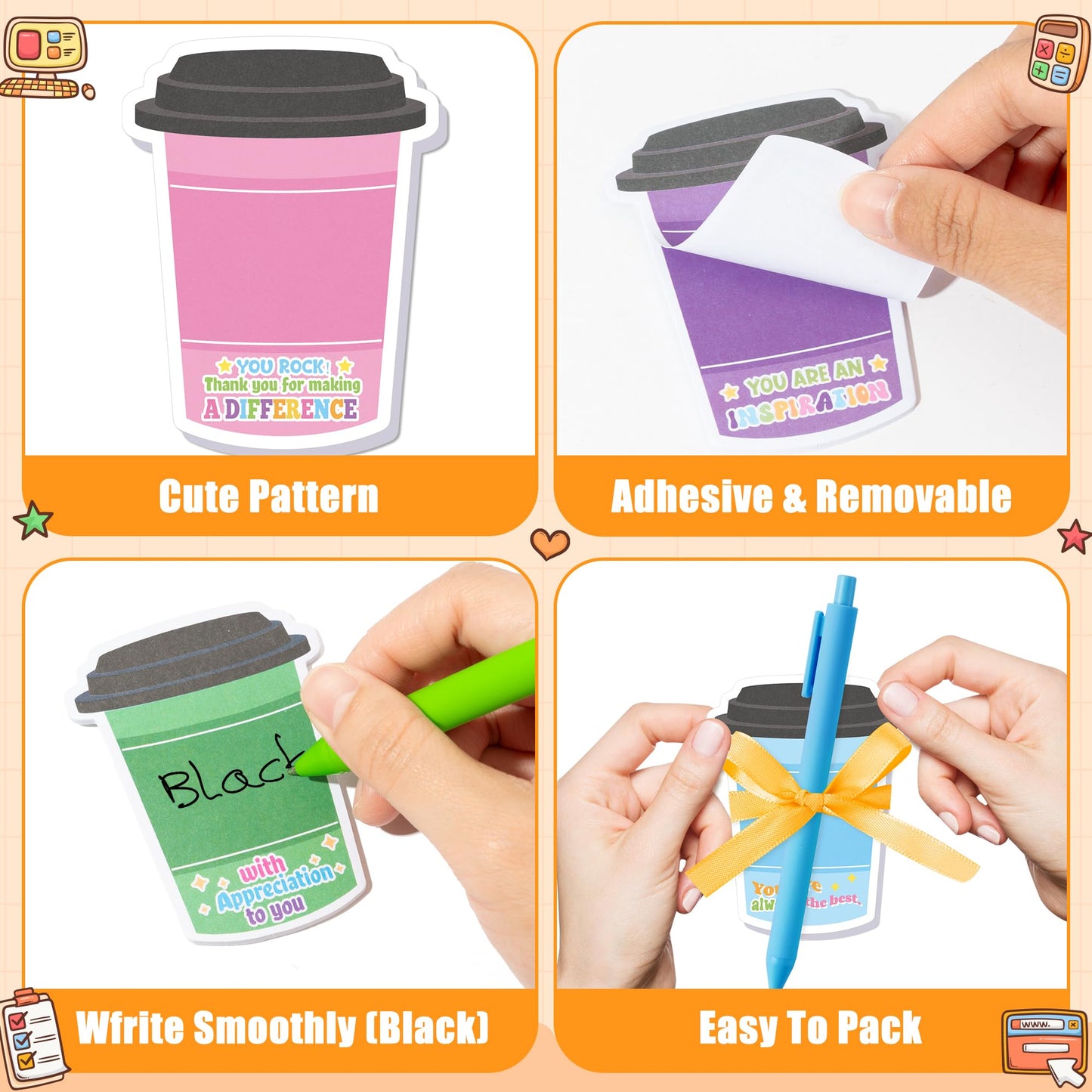 Xqumoi Employee Appreciation Coffee Cup Sticky Notes Set - 24 Set Coffee Self Sticky Writing Memo Pads Ballpoint Pens with Mesh Bag for Coffee Lover Staff Member Colleague Worker School Office Supply