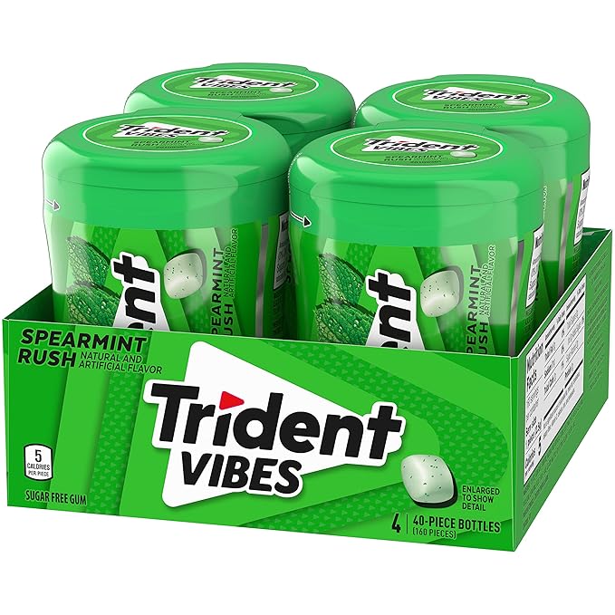 Trident Vibes Spearmint Rush Sugar-Free Chewing Gum, 4 Bottles of 40 Pieces (160 Total Pieces)