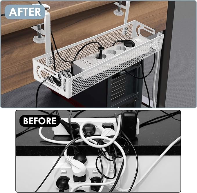 Cable Management, 2 Pack Cable Management Under Desk No Drill, Metal Cord Organizer with Clamp for Standing Desk, Cable Organizer for Home Office, White