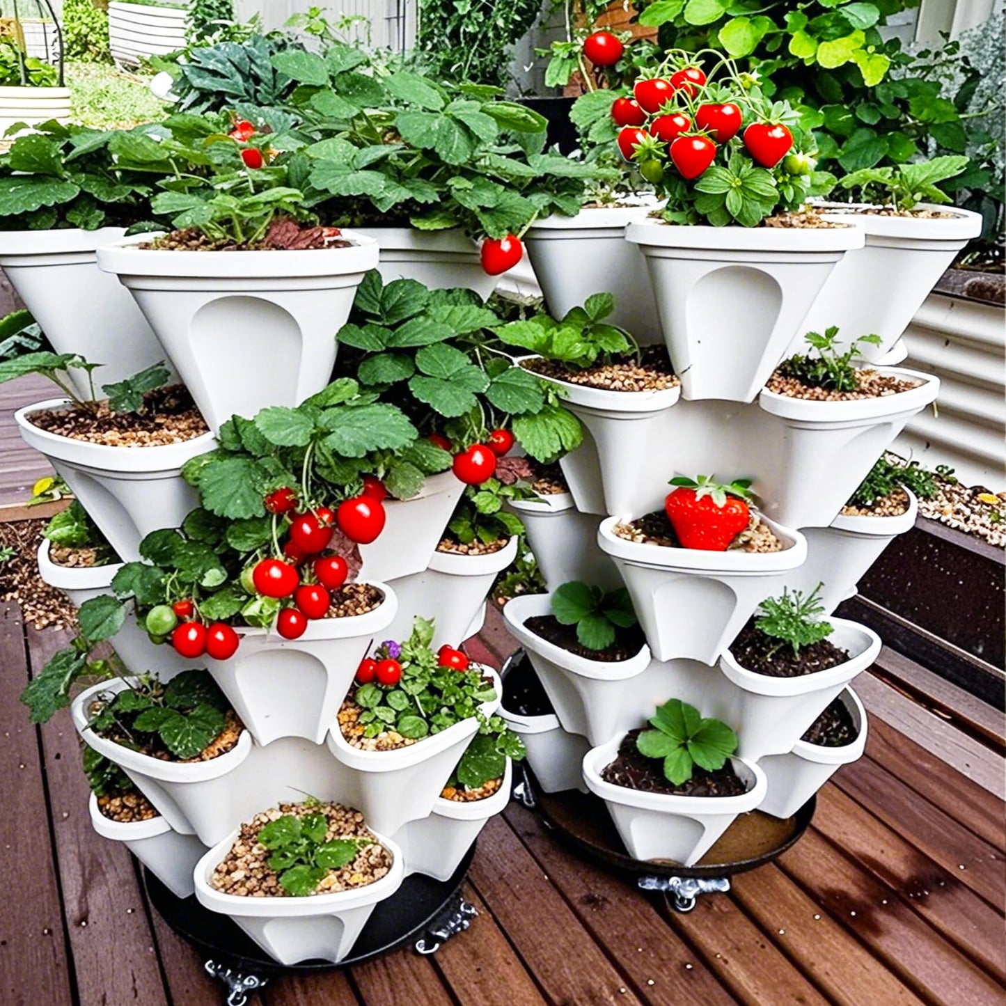 Lykvrii Strawberry Planters, 7 Tiered Vertical Stackable Planter, Herb Stacking Tower Garden, Flower Vegetable Planters with Support Pole, Indoor & Outdoor with Removable Wheels - White