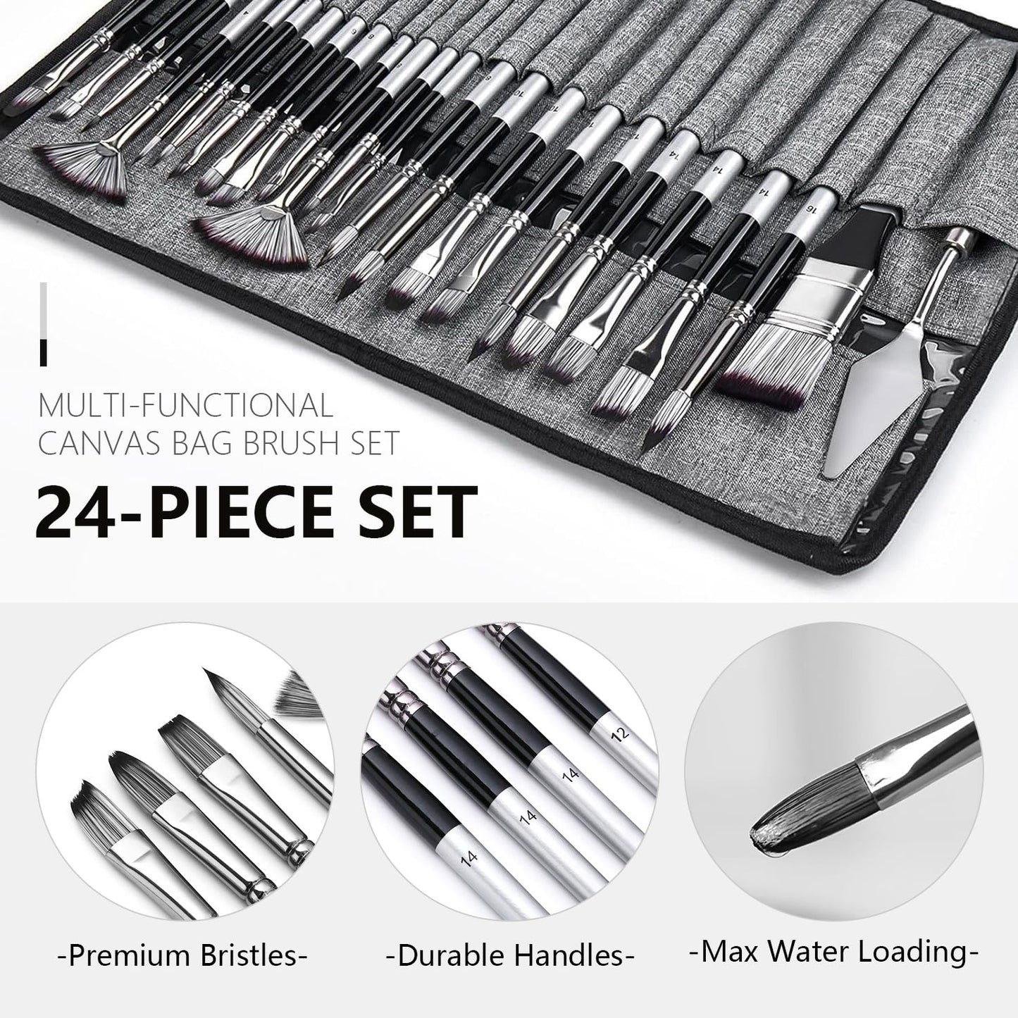 JYN-ANREN 24Pcs Multi-Shape Paint Brushes Set for Acrylic, Oil, Watercolor & Gouache with Palette Knife and Waterproof Canvas Roll, Synthetic Bristles Art Supplies for Artists & Beginners