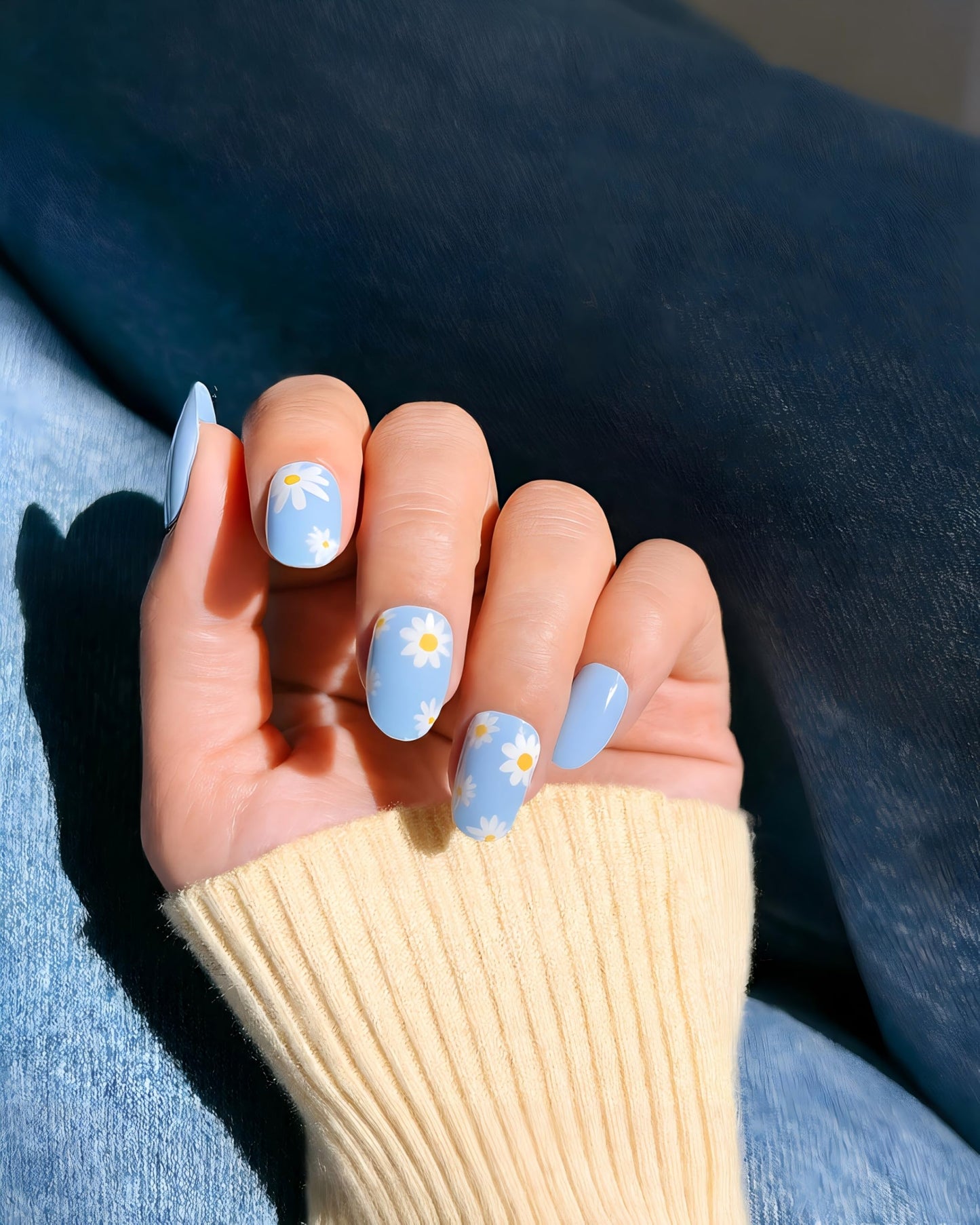 Semi Cured Gel Nail Strips - NAILOG 20 Pcs Blue Flowers Nail Stickers Extra Long Wraps with Glossy Gel Finishing for Spring Summer, Petals in the Wind