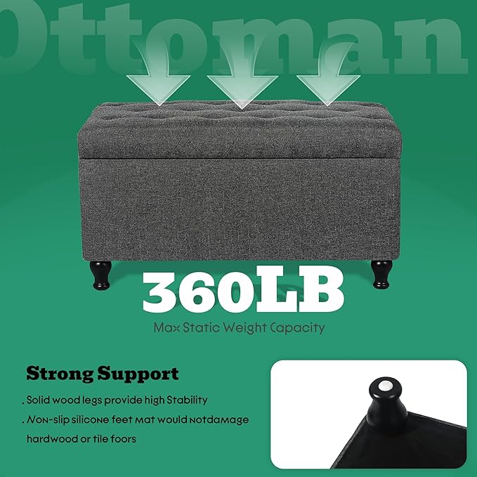 Ottoman with Storage 32'' Ottoman Storage Bench Linen Fabric Ottomans Footstools Upholstered Foot Rest Stool for Couch, Living Room, Bedroom, Entrance Shoe Bench Dark Gray