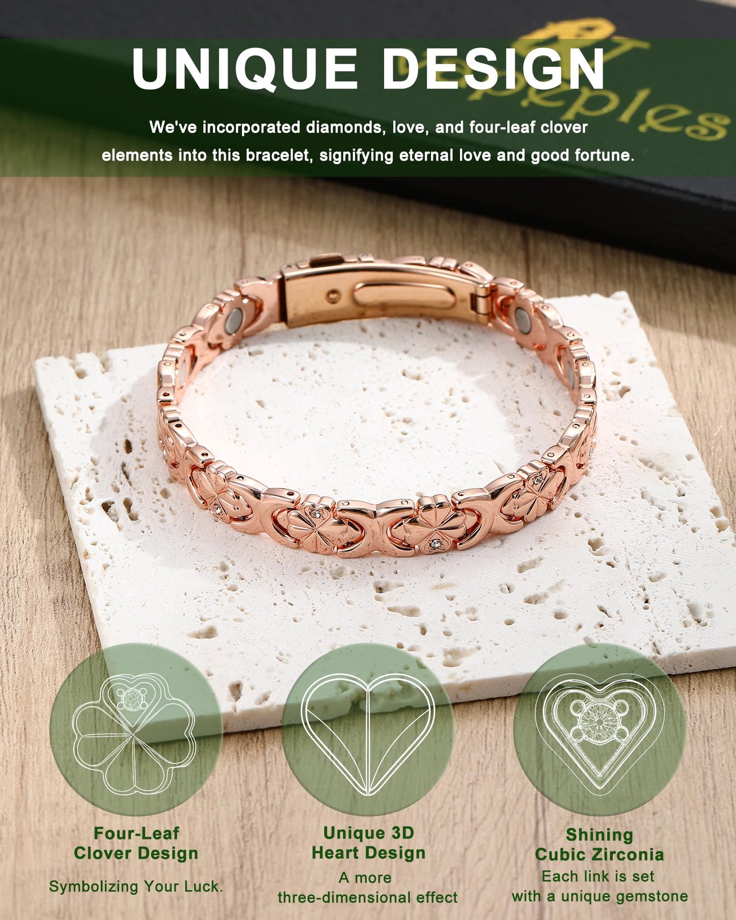 vapeples Copper Bracelets for Women, 3800 Gauss, 99% Pure Copper Magnetic Bracelet, Adjustable Sizing, Women's Bracelets with 3D Design, Gift Box Packaging
