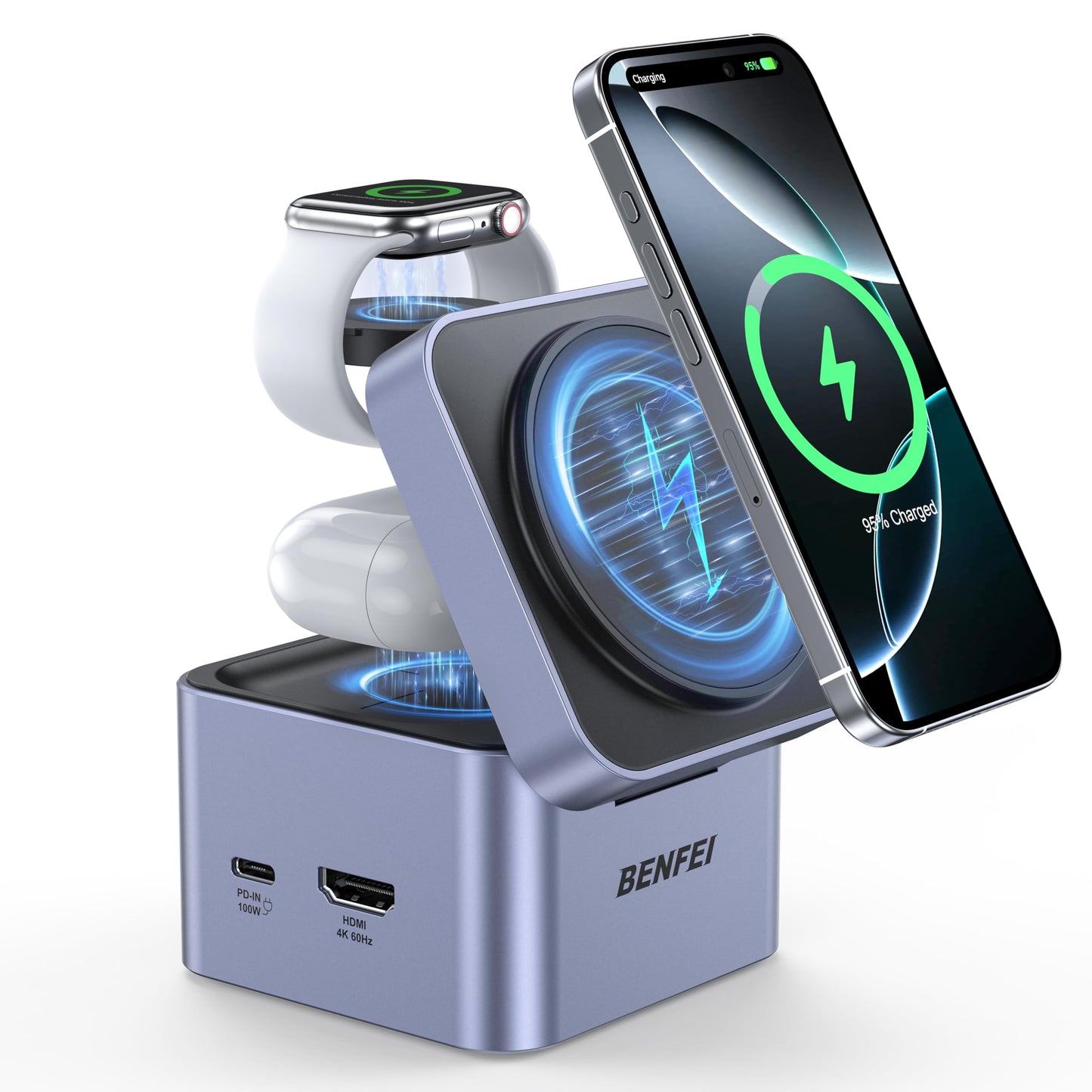 BENFEI 3-in-1 Foldable MagSafe Charger Stand with USB C Hub, Wireless Charging Station for iPhone 16/15/14/13/12, Apple Watch & AirPods, Supporting HDMI (4K@60Hz), 100W PD, 2X USB 3.0 (5Gbps)