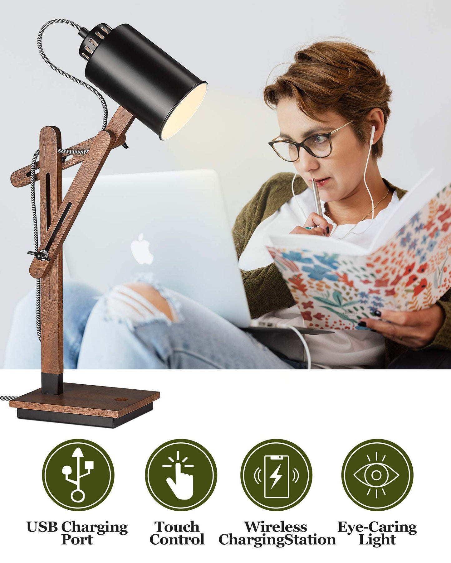 ELYONA Touch Control Desk Lamp with Wireless Charging & USB Port, Sapele Wood Reading Task Light,Adjustable, Swing Arm Table Lamp for Bedroom, Study Work, Office, Dorm, LED Bulb Included, Black