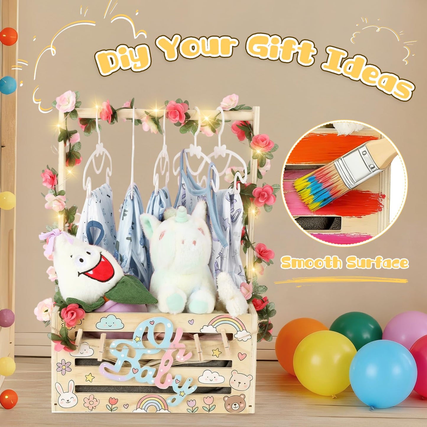 Wooden Baby Shower Crate Closet, Personalized Baby Gift Basket with Adjustable Handle, Include String Lights, Garland, 6 Hangers & 6 Clips - Unique Newborn Gift for Boys & Girls, Baptism,Birthday
