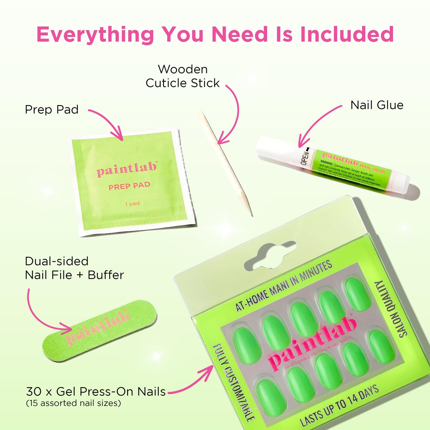 PaintLab Press-On Nails Manicure Kit, Neon Green Oval, 30-Piece Set, Long-Lasting Fake Nails with Glue, File, Prep Pad & Cuticle Stick