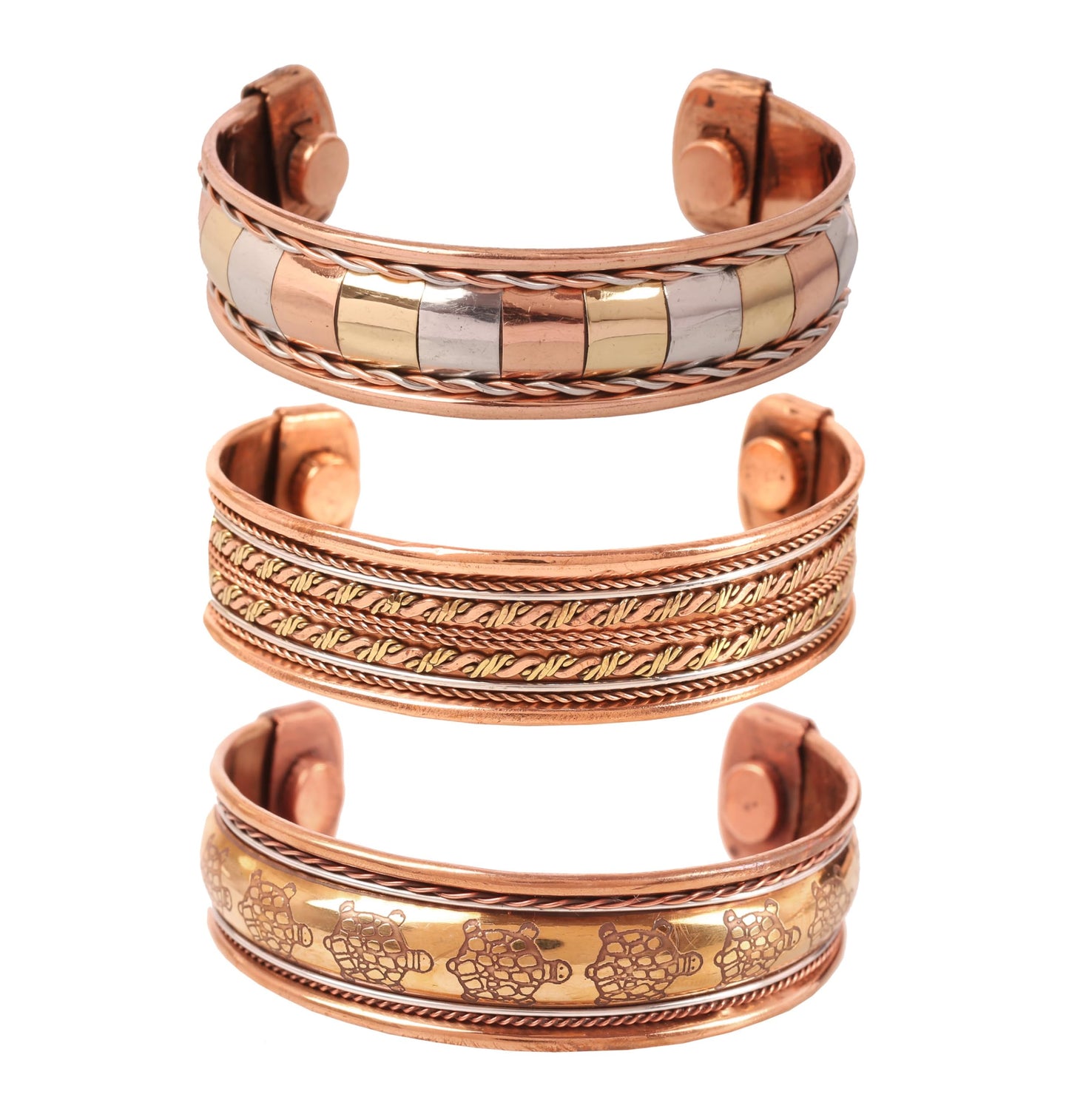 Touchstone copper bracelets | gift for men women |adjustable 100% pure solid real magnetic jewelry | handmade bracelet set combo | rope braided tibetan bangles. Set of 3 different designs
