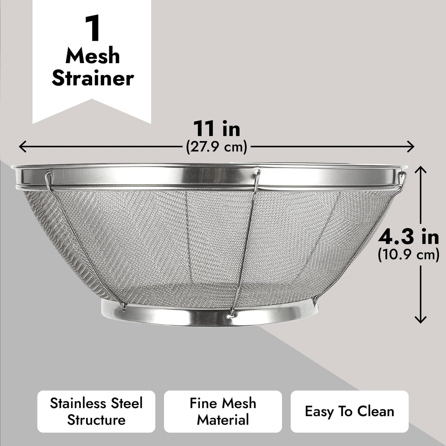 Juvale Stainless Steel Fine Mesh Strainer - Durable Rust-Resistant Mesh Colander - Ergonomic Handle Rice Colander - Ultra-Fine Flour Sifter - Dishwasher Safe with Stable Design - 11 in x 4 in, Silver
