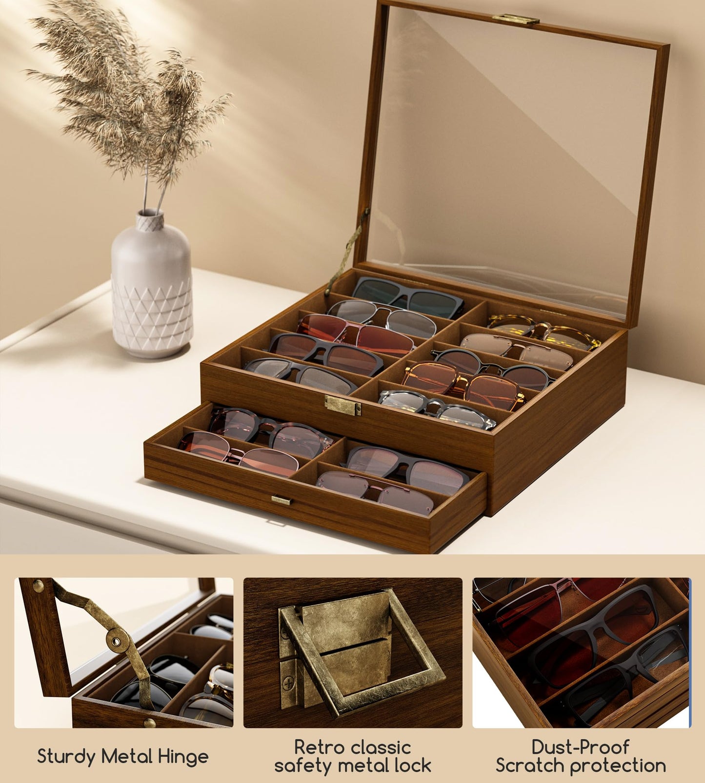 NEWLOOP Sunglasses Case Storage Organizer - Sunglass Organizer See-through Display Case Multiple Pairs Glasses Holder Stand 2-layer Eyeglass Jewelry Watch Collection Box for Men Wooden
