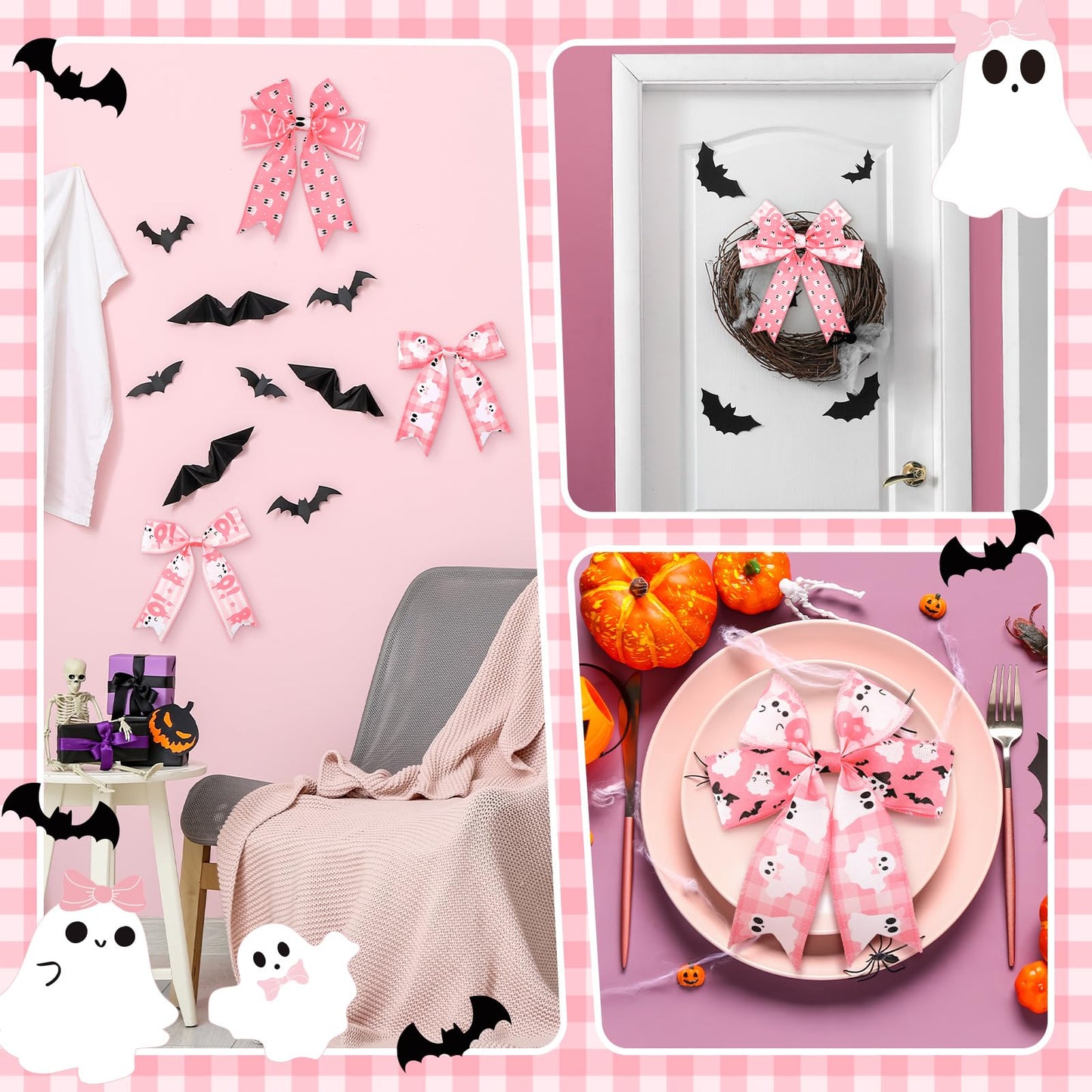 Wavyknot 6 Rolls Halloween Ghost Wired Edge Ribbon 2 Inch x 30 Yards Halloween Ghost Ribbon for Wreaths Pink for Floral Bow Making Wreath Craft DIY Party Decor