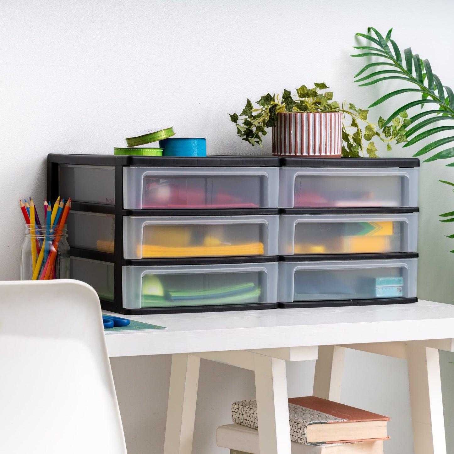 IRIS USA Plastic Stacking Desk Top 3-Drawer Storage Organizer, 2-Pack, for Makeup Vanity Nail Polish Bathroom Stationery Art Craft Supplies Kitchen Office Garage and Small Organization, Medium, Black