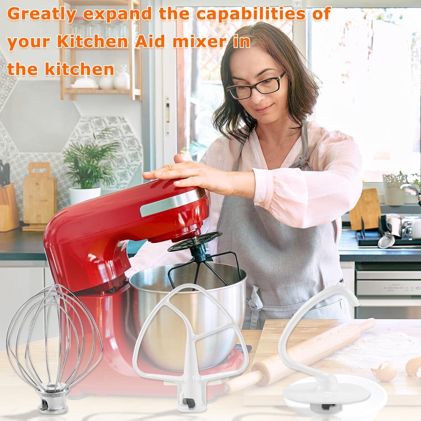 3 Pack Mixer Attachments for Kitchen Aid 4.5-5 Quart Tilt-Head Stand Mixers, Heavy-Duty Metal,Includes K45DH Dough Hook, K45B Flat Beater,K45WW Wire Whip, Dishwasher Safe Replacement Kit by TOMOON