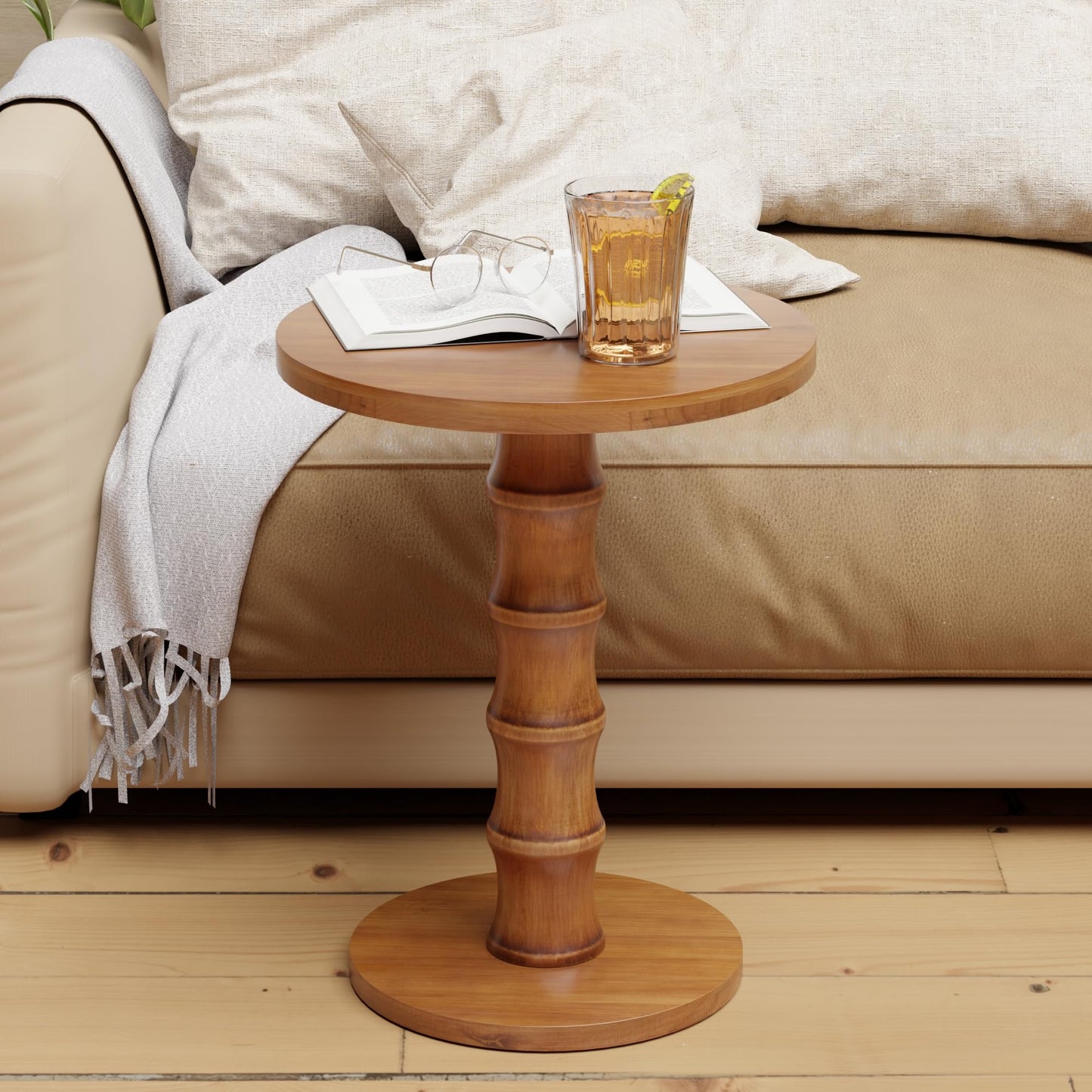 COZAYH Solid Cedar Pedestal End Table with Turned Wood Base, Round Wooden Side Table, Small Space Accent Table for Living Room or Entryway, Warm Natural