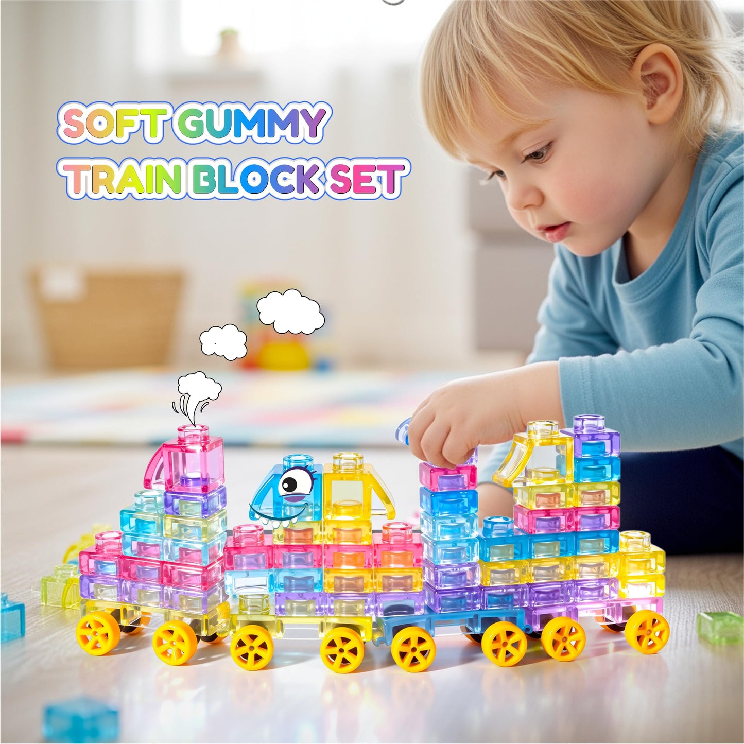 Soft Train Building Blocks with Wheels, 42 PCS Montessori Sensory Stacking Blocks, Toddler Learning Toy with Station, Squeezable, Stretchable & Stackable Tactile Toys, Preschool Creative Play for Kids