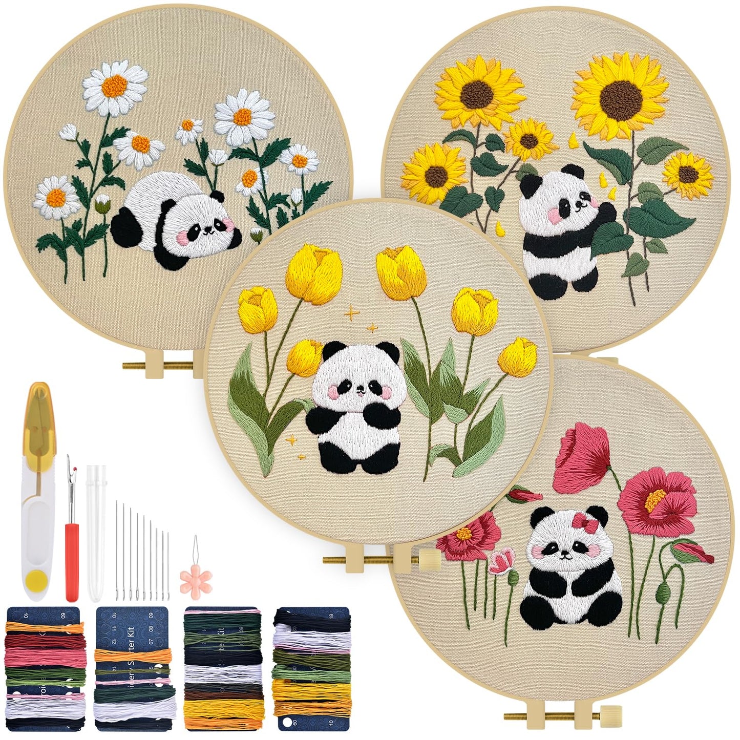 TINDTOP 4 Sets Embroidery Kit for Adult, Panda Embroidery Practice Kits for Beginners Include Embroidery Cloth Hoops Threads for Craft Lover Hand Stitch with Embroidery Skill Techniques