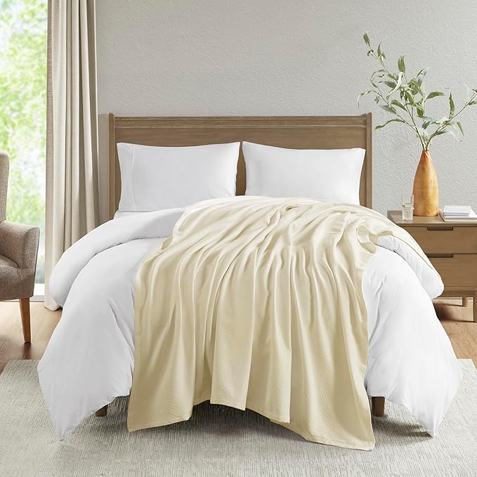 Madison Park Liquid Cotton Luxury Blanket Premium Soft Cozy 100% Ring Spun Cotton For Bed , Couch or Sofa, Full/Queen, Ivory