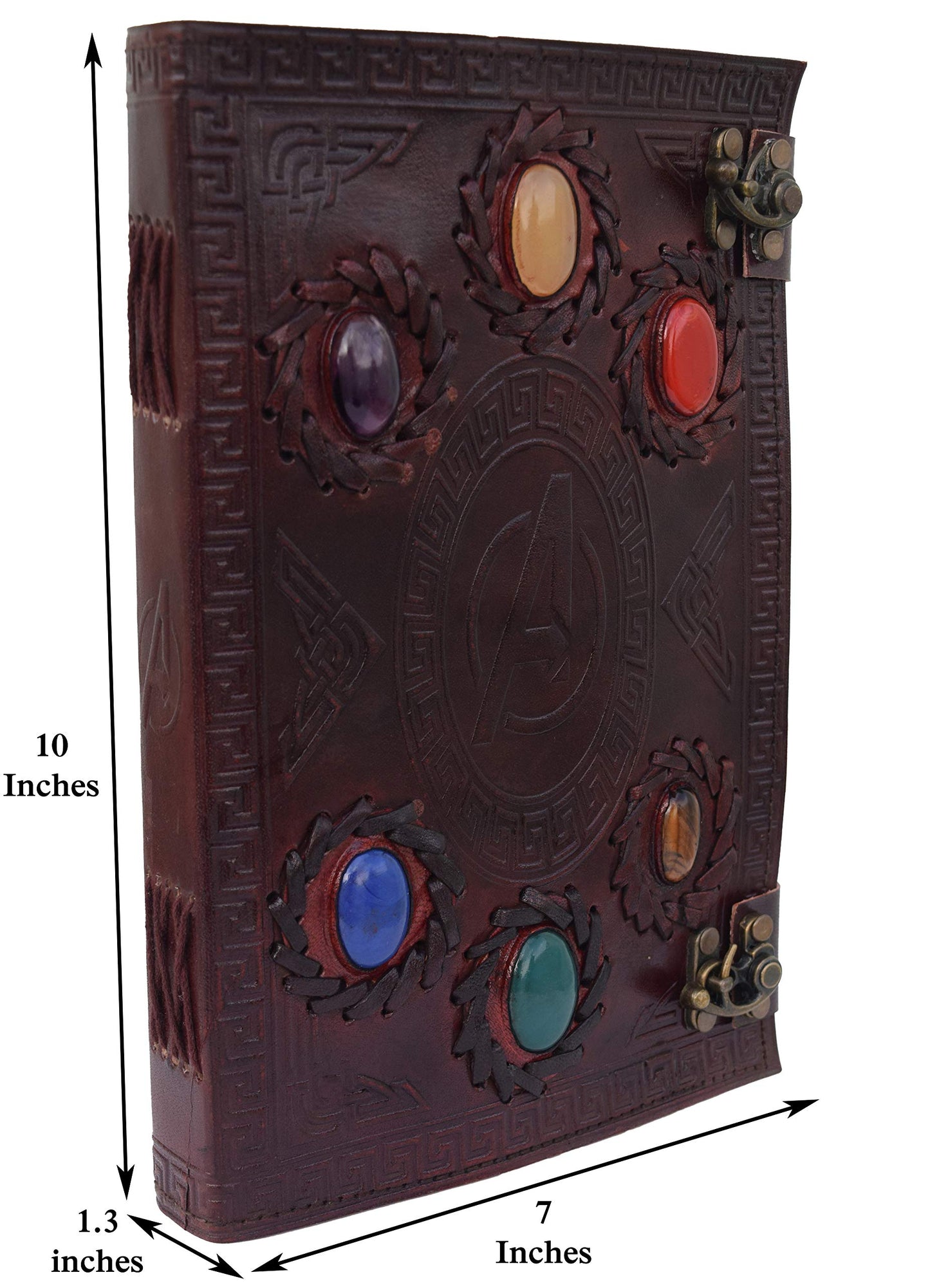 Avengers embossed 10 inches Handmade Leather Journal With Stones/Art Sketchbook & Travel diary with Vintage lock Latch