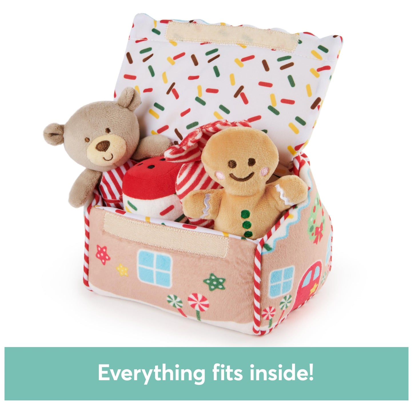 GUND Baby Play Soft Collection, My First Gingerbread House 5-Piece Playset with Rattle, Squeaker and Crinkle Plush Toys, Sensory Toy for Babies, 7.5”