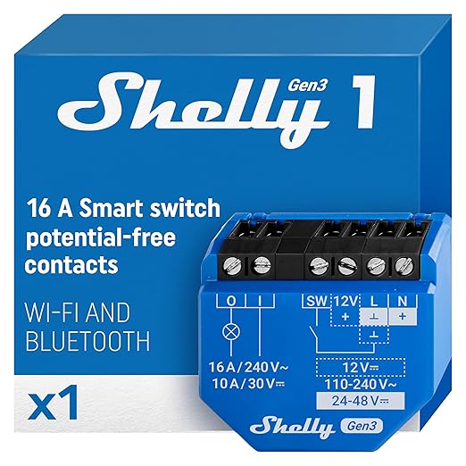 Shelly 1 Gen3, WiFi Smart Relay Switch with Dry Contacts, 1-Channel 16A, Alexa, Home Assistant, SmartThings & Google Home Compatible, DIY Smart Automation, Garage Door Opener, No hub Required