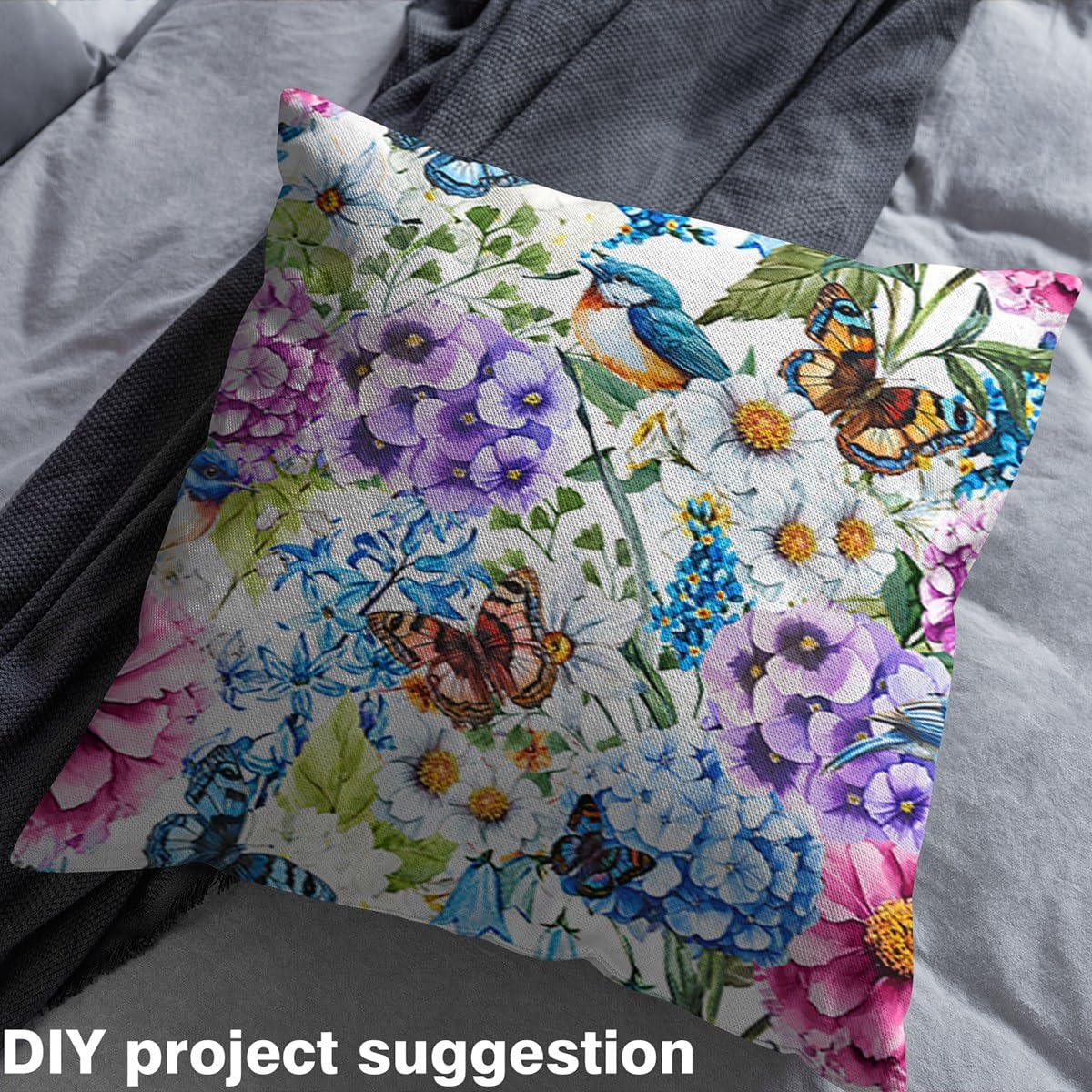 Spring Flowers Fabric by The Yard Sofas,Village Florals Birds Butterflies Flannel Polyester Fabric,Watercolor Garden Pattern Indoor Outdoor Fabric,Farmhouse Style DIY Crafts,1 Yard,36" L x 59" W