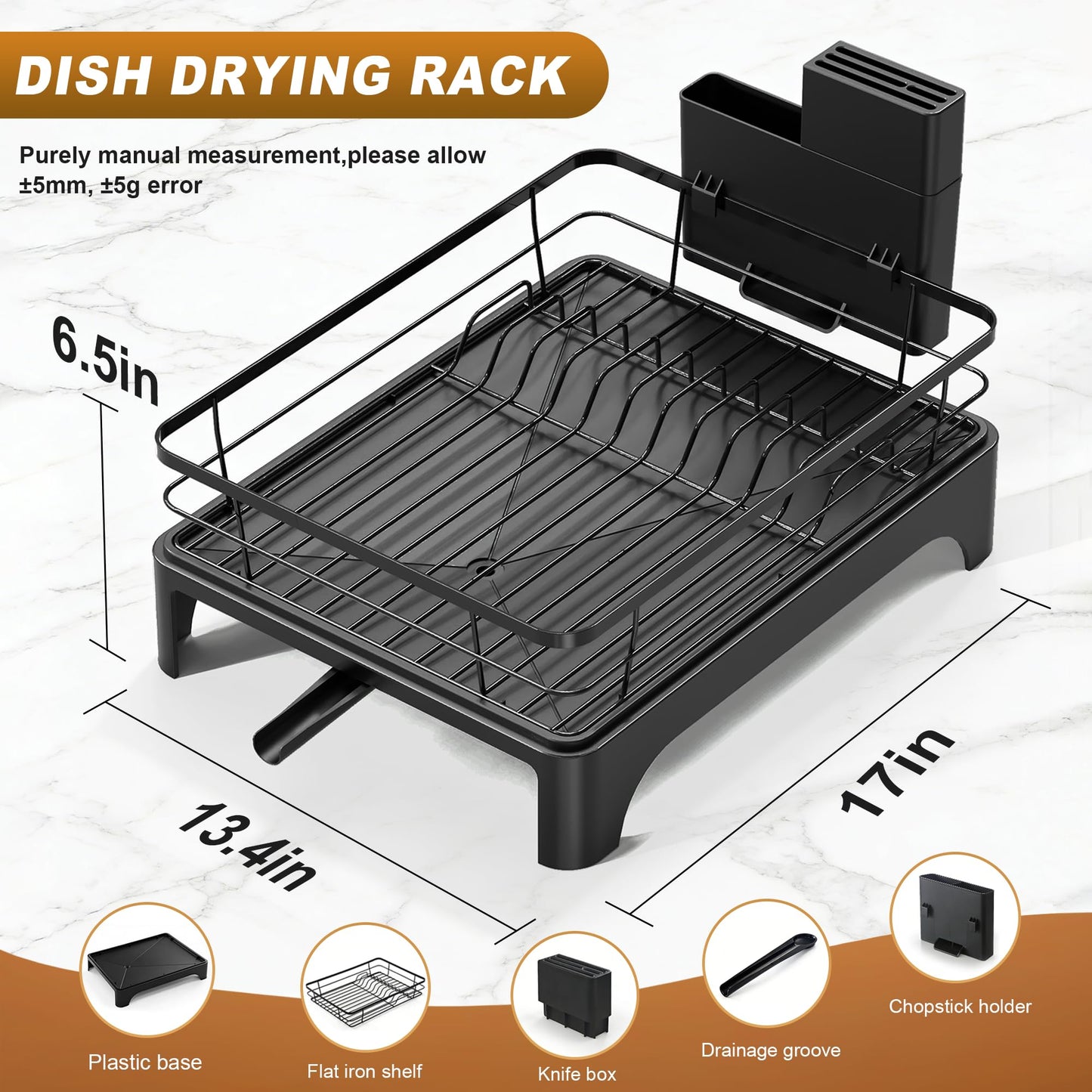 OERPHO Dish Drying Rack for Kitchen Counter, Dish Rack, Dish Drainer for Kitchen with Built-in Drain, Stainless Steel Sink Organization and Storage Essentials with Cutlery Holder (17" x 13.4", Black)