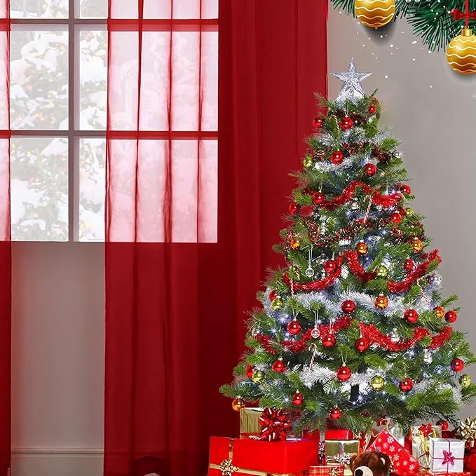SpaceDresser Sheer Voile Window Treatment Rod Pocket Curtain Panels for Kitchen Bedroom Living Room Drapes Sunlight Filtering Privacy Semi Home Decor Assorted Colors Sizes (Christmas Red, 52 W x 96 L)