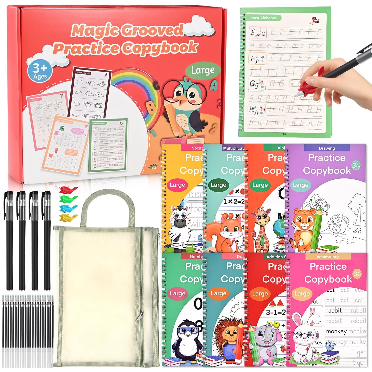 Grooved Handwriting Practice Books for Kids Ages 3–8, Reusable Tracing Workbooks with Deep Grooves – Letters, Numbers, Math, Drawing & Words – Disappearing Ink Pens, Pencil Grips & Storage Bag