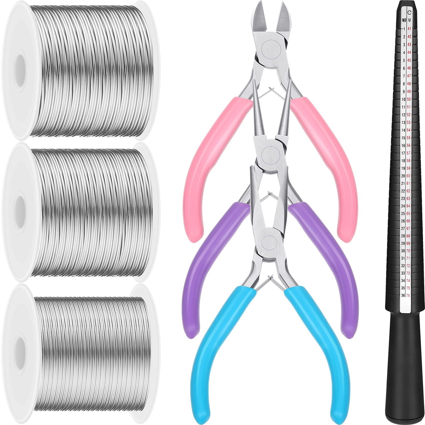 3 Rolls 18 20 22 Gauge Jewelry Wire for Jewelry Making with 3 Multi Purpuse Pliers and Ring Sizer, Tarnish Resistant Aluminum Beading Wire for Arts Crafts Making Supplies(Silver)