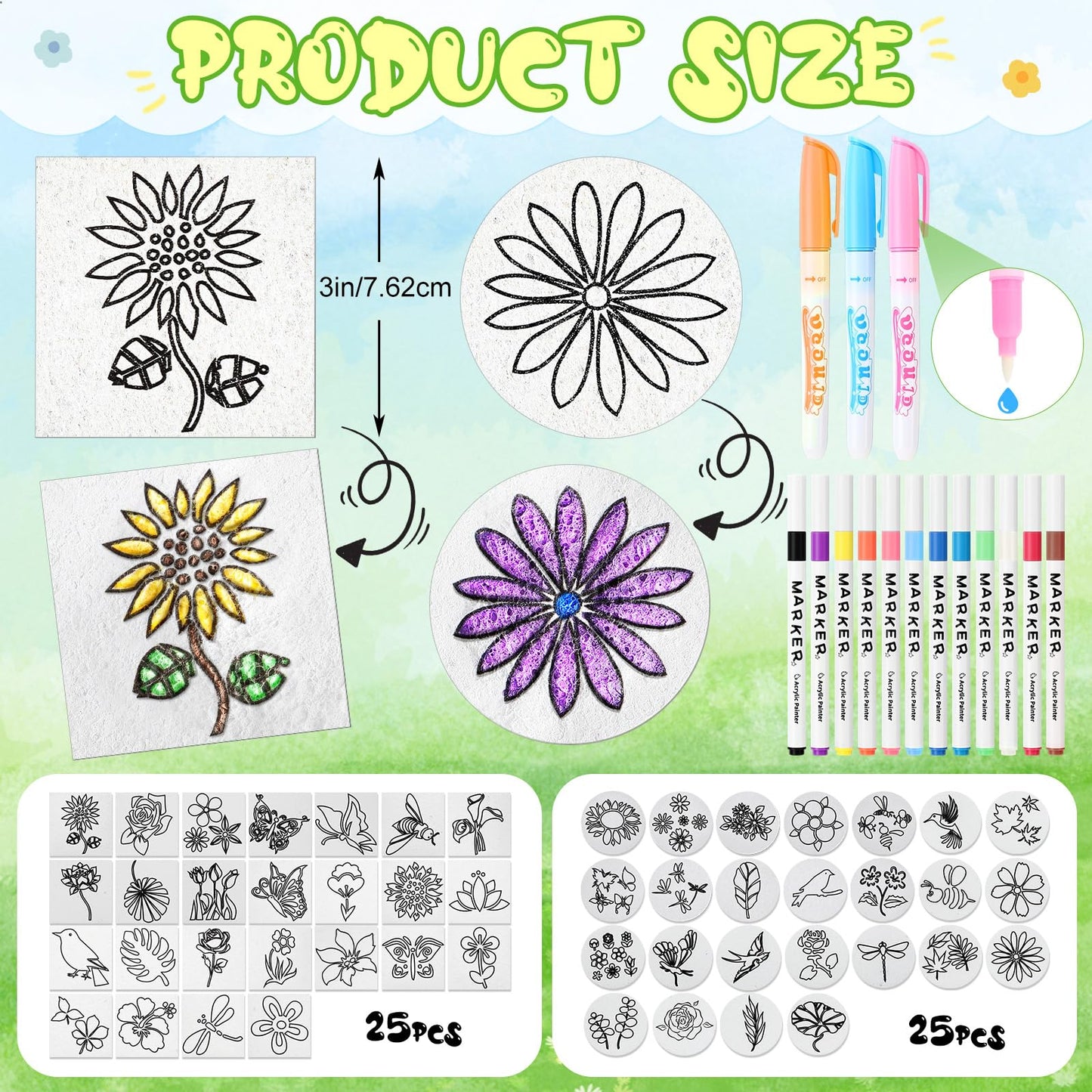 Maitys 65 Pcs Pre-Designed Magic Foam Texture Paper Painting Kit, 3 x 3'' White Foam Texture Paper with Colors Marker Water Brushes for 3D Craft Drawing DIY(Flower and Bird)