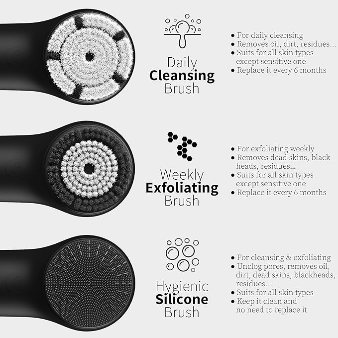 Face Scrubber, Facial Cleansing Brush, Waterproof & Rechargeable Face Scrub Brush for Men&Women, Electric Facial Exfoliator with 3 Brushes, 3 Intensities, 2 Modes with Eye Roller - Charcoal