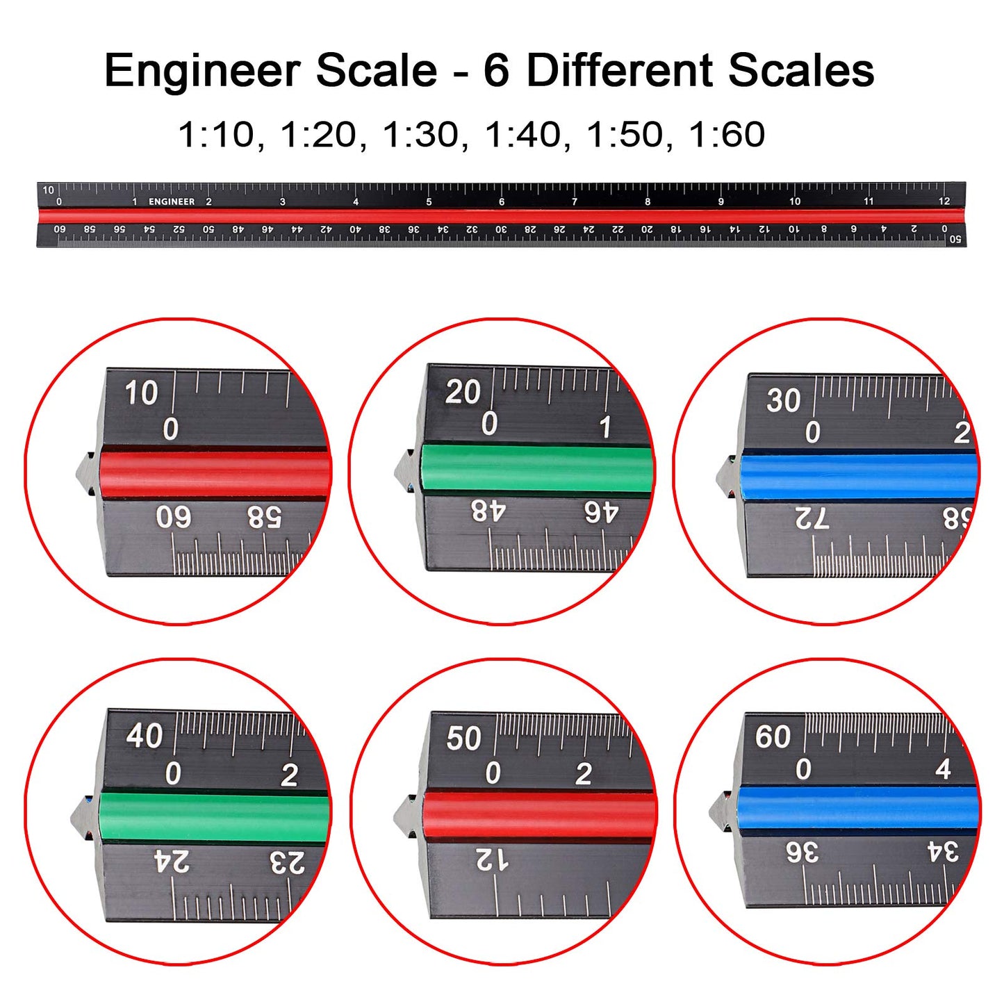 OwnMy 3 Pack 12 Inch Solid Aluminum Triangular Architect Scale Ruler Set, 3-Colors-Groove Architectural and Engineer Scale Metal Ruler Set, Clear Scales Drafting Rulers for Engineer Blueprint Project