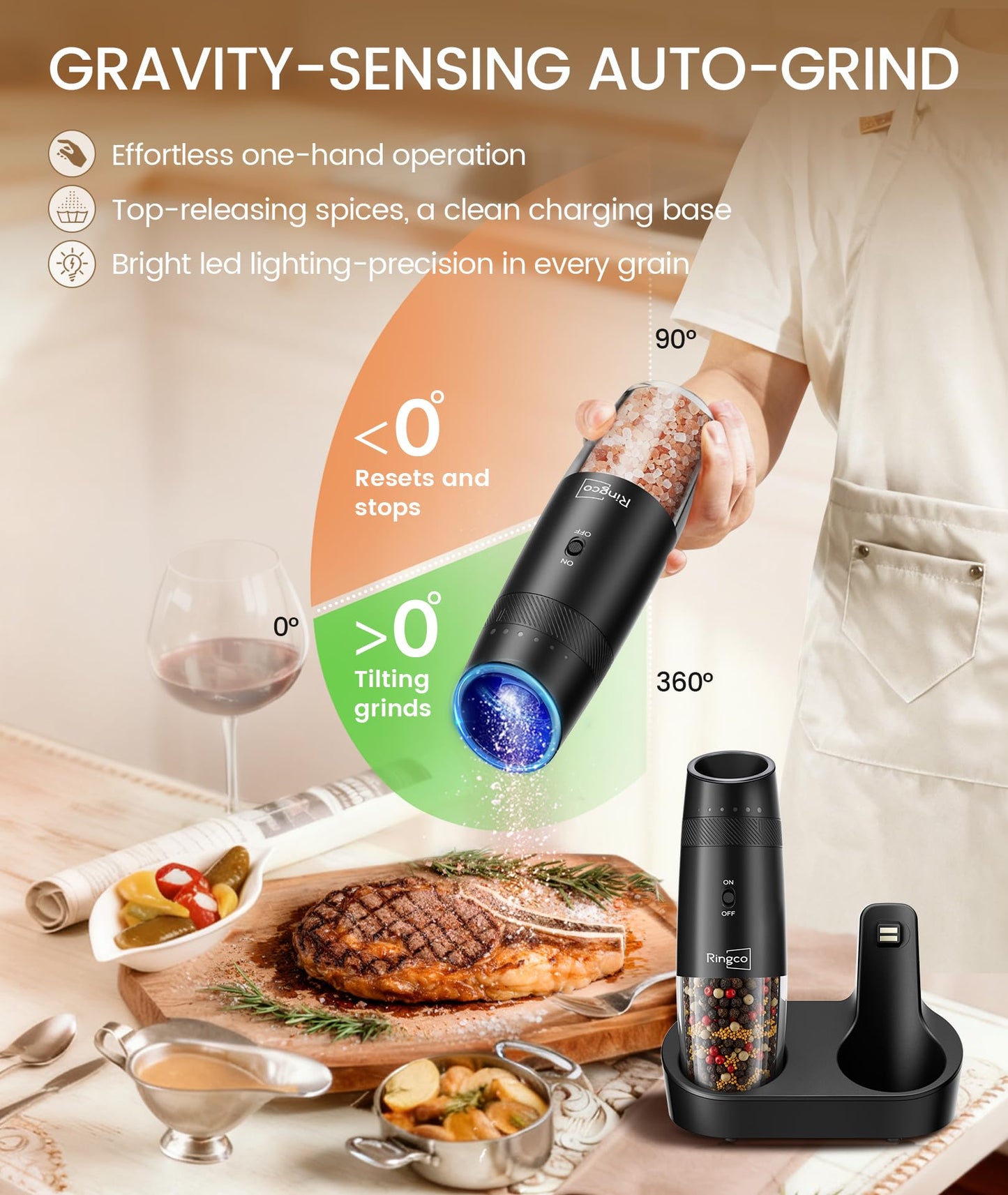 Ringco Gravity Electric Salt and Pepper Grinder Set with Charging Base, Automatic Gravity Salt and Pepper Mill with Adjustable Coarseness, LED Light, 135ml Large Capacity, Gifts for Women