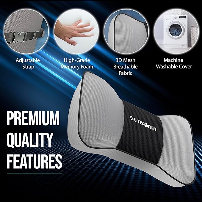 Samsonite Neck Pillow for Car – Ergonomic Memory Foam Headrest Cushion – Car Seat Support for Driving Comfort – Compact Neck Rest – Travel Pillow for Long Road Trips