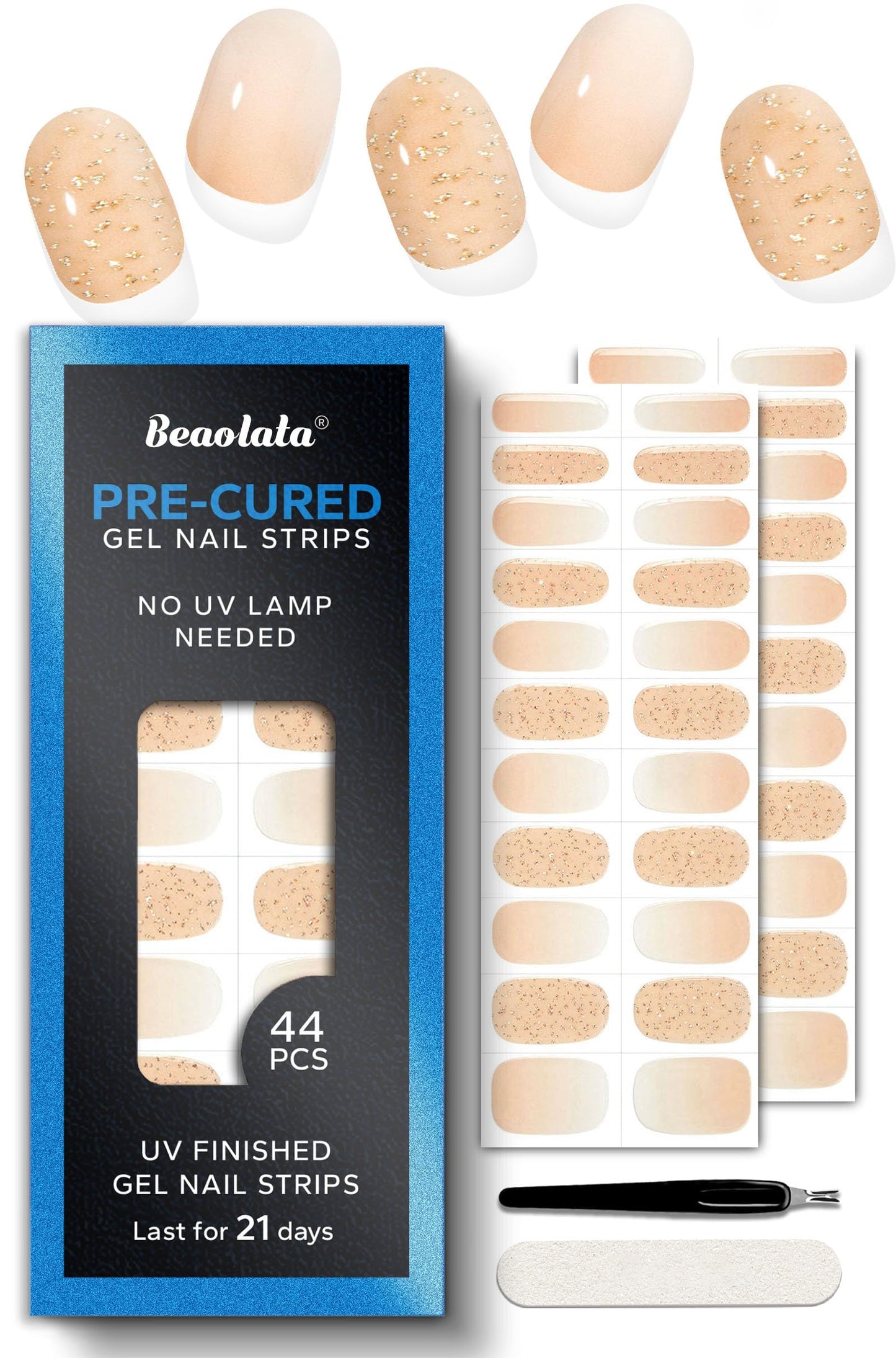Beaolata Real Gel Nail Strips (No UV Light Needed) - 44Pcs Salon Quality Nail Stickers - Long Lasting Polish Wraps for Women, Easy Apply & Remove (Crush Gold）