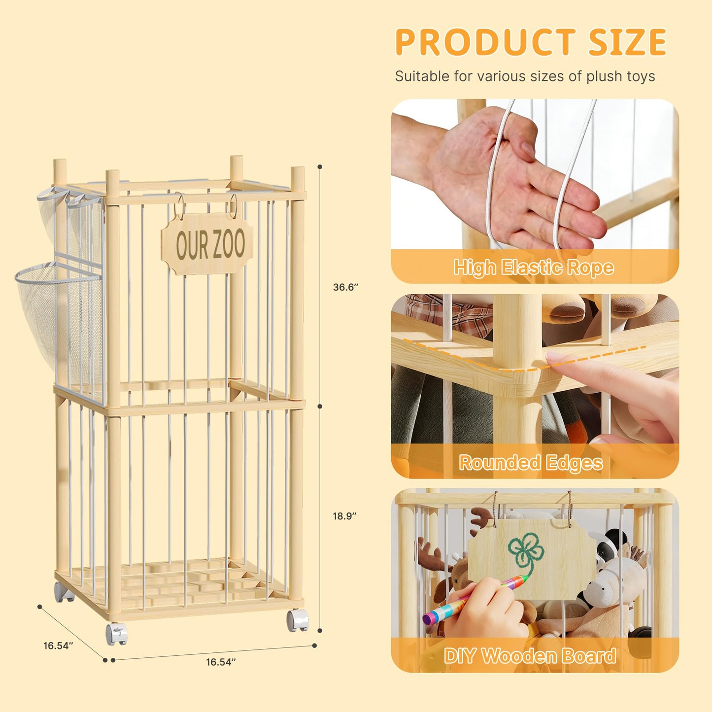 UAMFURI Stuffed Animal Storage with Net Wooden Toy Storage Organizer Stuffed Animal Zoo Storage with Lockable Wheels for Toddler Rooms, Playrooms & Bedrooms (2-Layers)