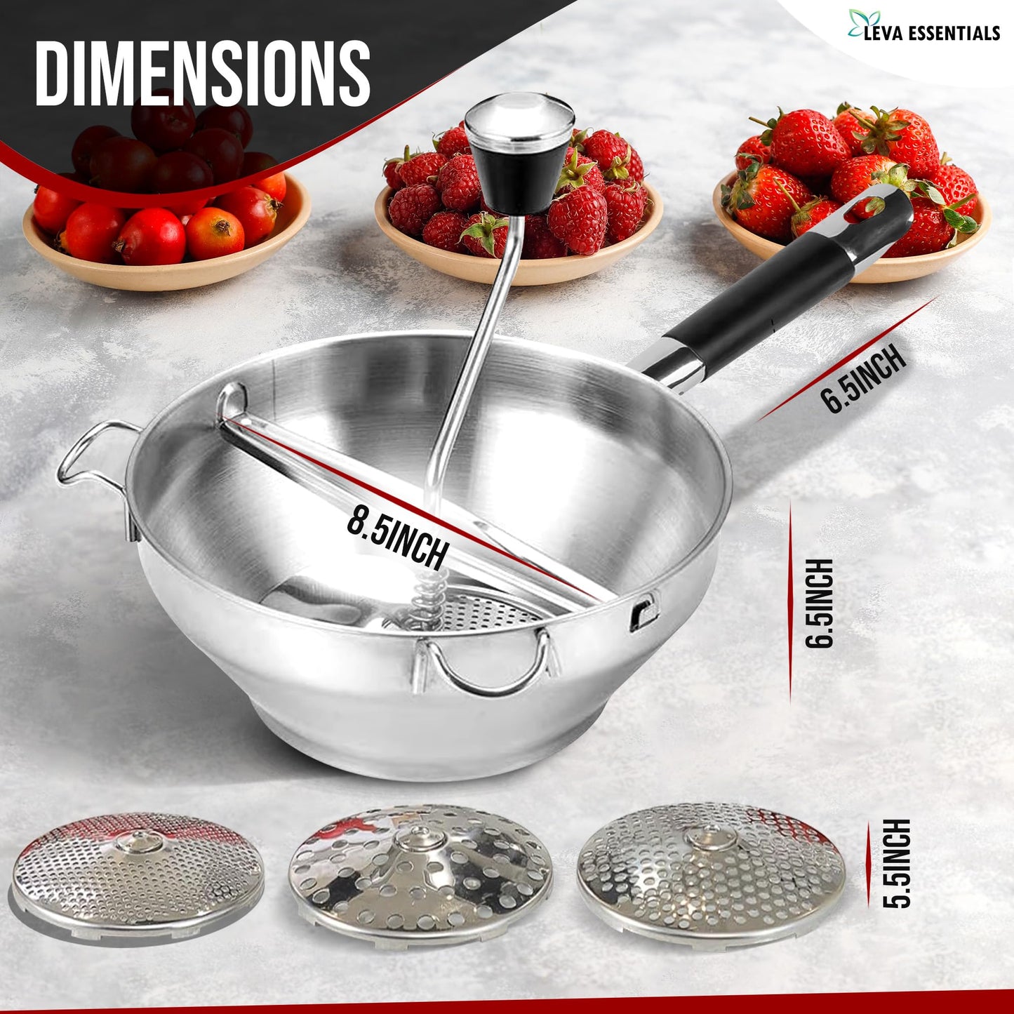 Premium Stainless Steel Food Mill - Effortless Pureeing, Straining & Milling for Soups, Sauces, Baby Food, and More – Includes 3 Interchangeable Discs – Durable & Easy-to-Clean Design