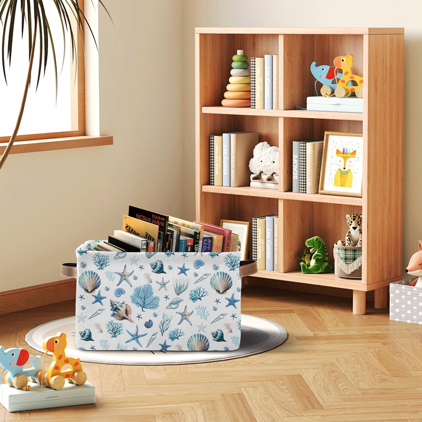 JOPJOLIW Sea Shells Starfish Rectangle Storage Basket - Ocean Themed Collection Collapsible Storage Baskets with Handles - Ocean Conch Pattern Storages Bin for Kids Clothes, Gifts, Books, Toys