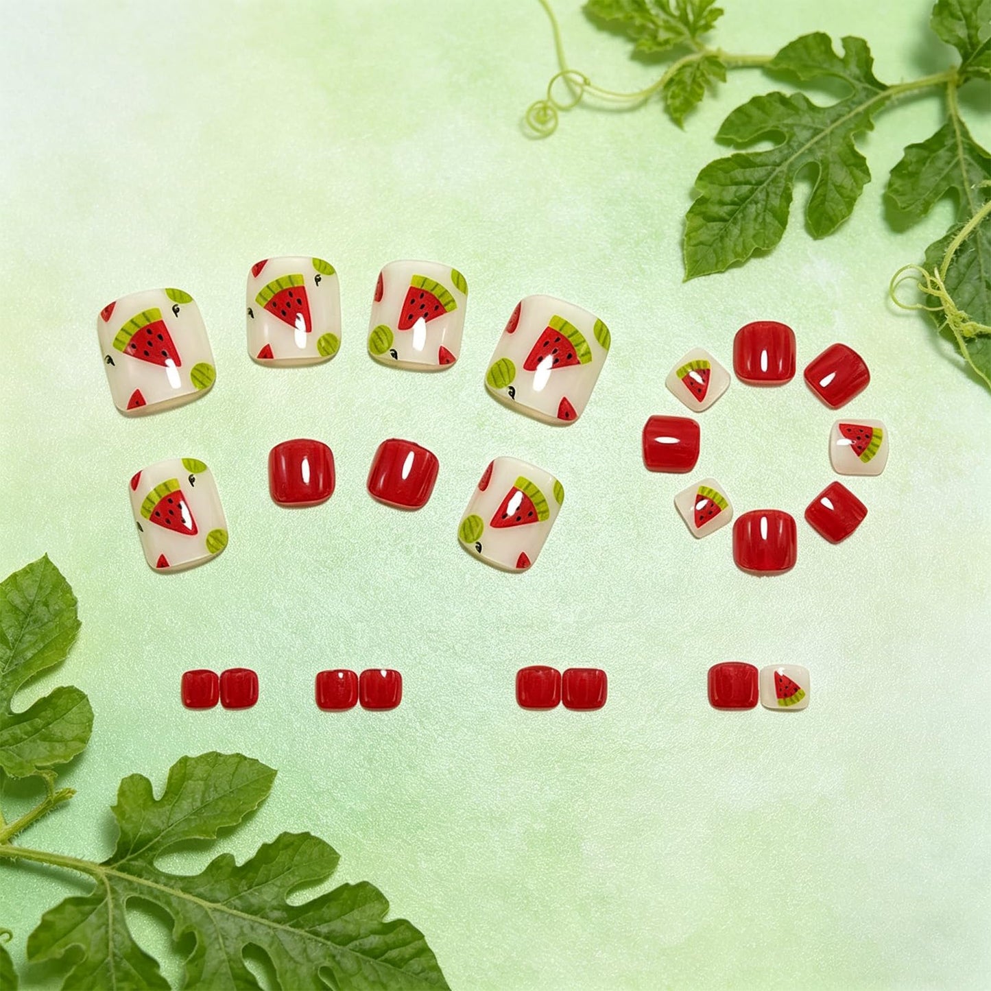 Summer Fruit Press on Toenails Short Square Fake Toe Nails with Watermelon Designs Red Glossy Toenail Press ons Acrylic Toe Nail Tips Reusable Stick on Toenails for Women Manicure 24Pcs