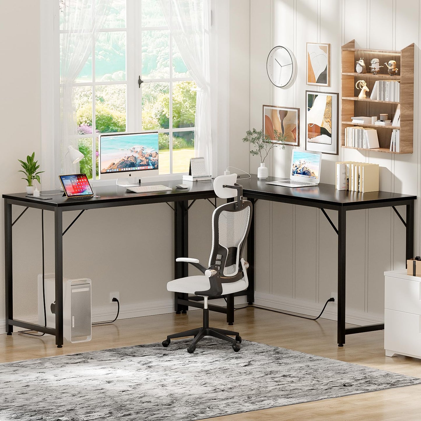 iSunirm 47 Inch Computer Desk with Magic Power Outlets and USB Charging Ports, Modern Home Office Desks, Sturdy Simple Writing Table, Laptop PC Gaming Desk for Bedroom Workstation, Black, 2 Pack