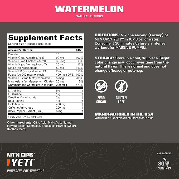 MTN OPS Yeti Trail Packs Pre-Workout Powder Energy Drink with Creatine, 200mg Caffeine & BCAAs with Beta Alanine, 20-Single Servings, Watermelon