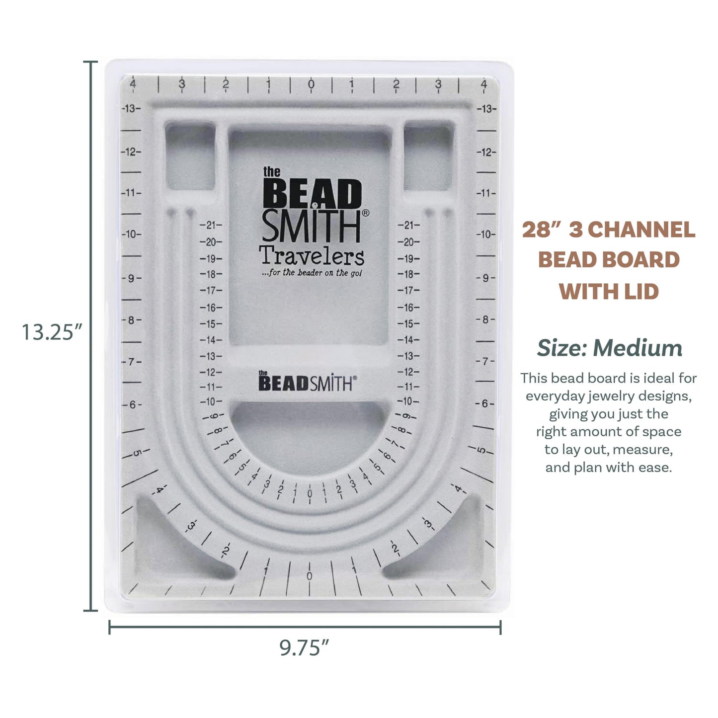 The Beadsmith Bead Board with Cover, Grey Flocked, 3 U-Shaped Channels, 6 Recessed Compartments,13.25H x 9.75L inches, Design Boards for Creating Bracelets, Necklaces and Other Jewelry