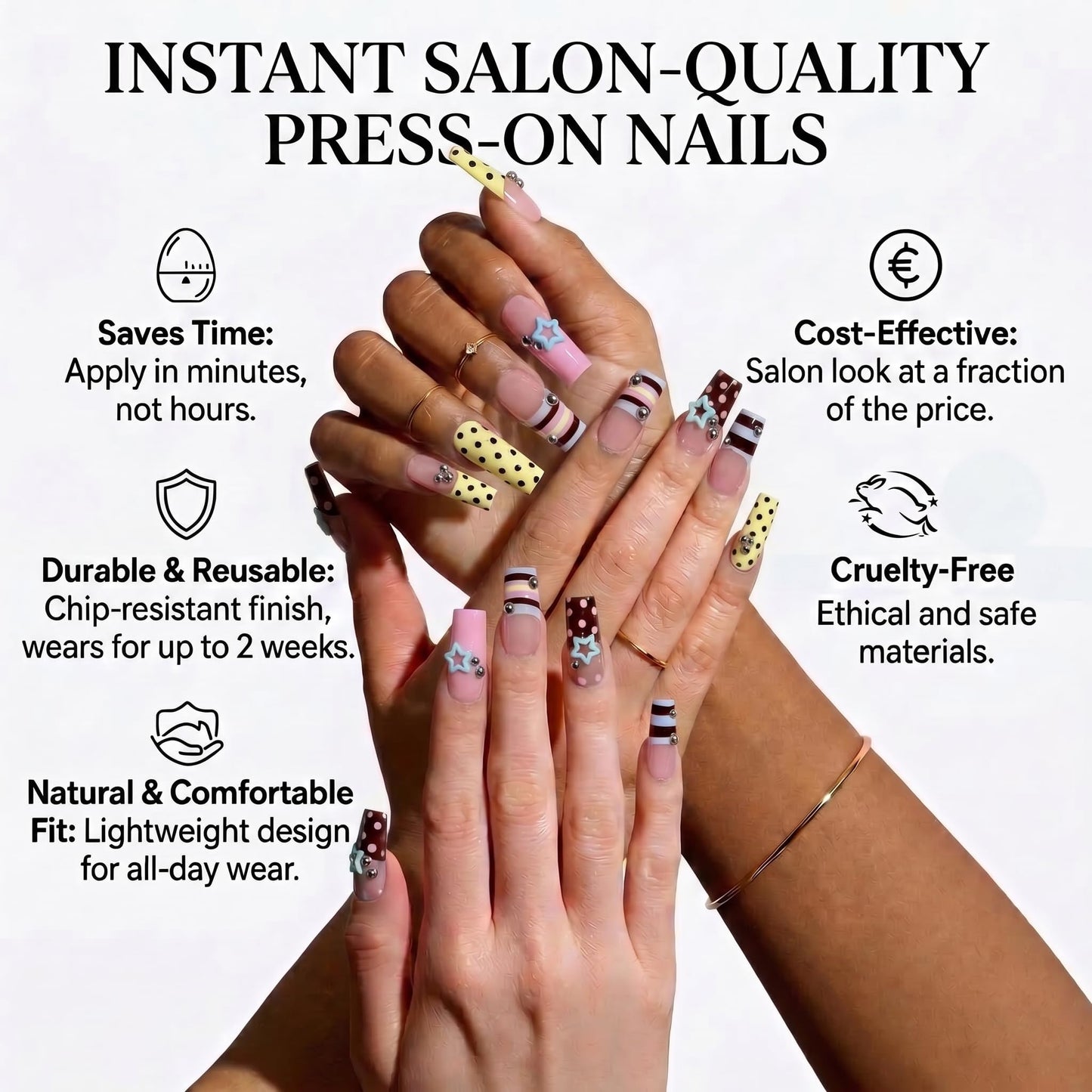 IMSOHOT Square Press on Nails, Long Fake Nails, Pink Black Polka Dot 3D Star Design, 24 Pcs Reusable Glue on Nails for Women, Salon Quality