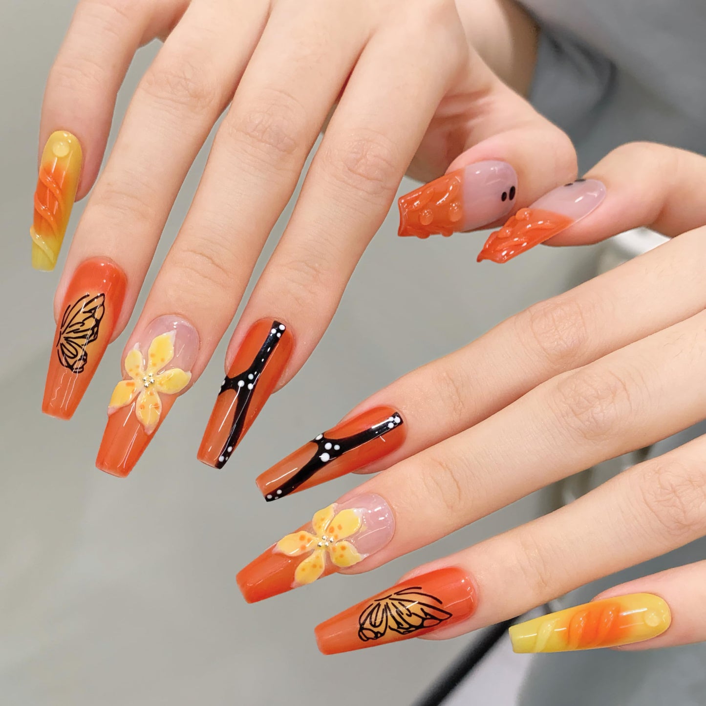 Tesytto Long Coffin Press On Nails - 3D Flowers Orange Design Hand-Painted Butterflies French Tip Acrylic Nail for Women (Mango Sago,M)
