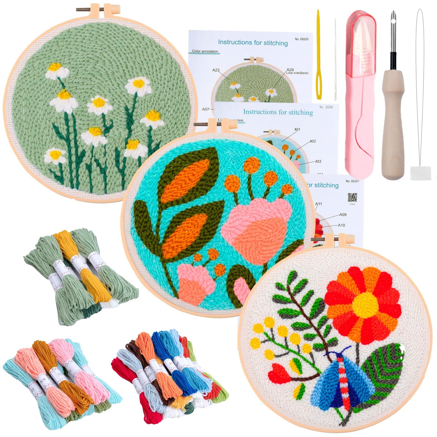 Peotclola Punch Needle Kit for Adults,3 Sets Punch Needle Kits Beginner DIY Embroidery Starter Set with Tools for Home Decoration, Family, Friends Gifts(Flowers A2)