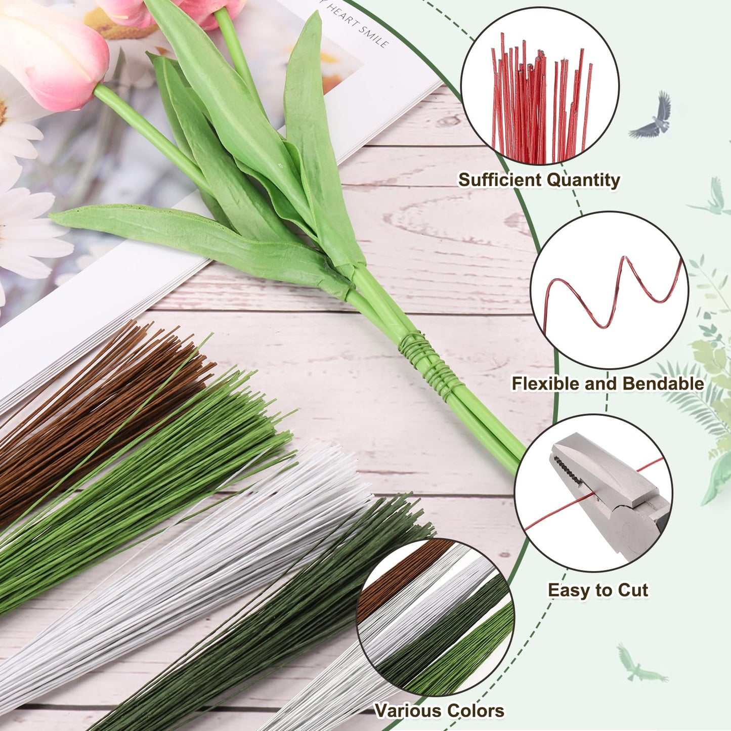 PATIKIL 32 Inch 22 Gauge Floral Stem Wire, 3 Pack/120 Pieces Bouquet Stem Paper Wrapped for DIY Crafts Flower Arrangements, White