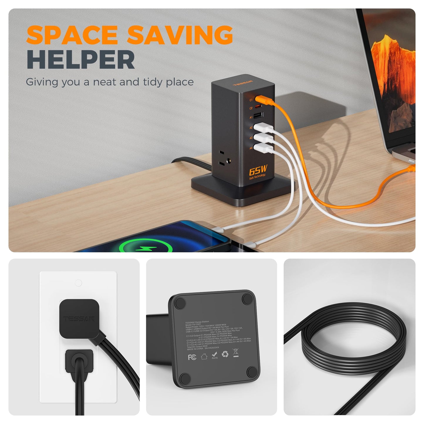 Charging Station for Multiple Devices, TESSAN 9-in-1 USB C Power Strip for iPhone 17/16/15, MacBook, Tablet, Desktop Phone Fast Charger with 3 AC, USB Charger, Home Drom Office Accessories, Black-65W