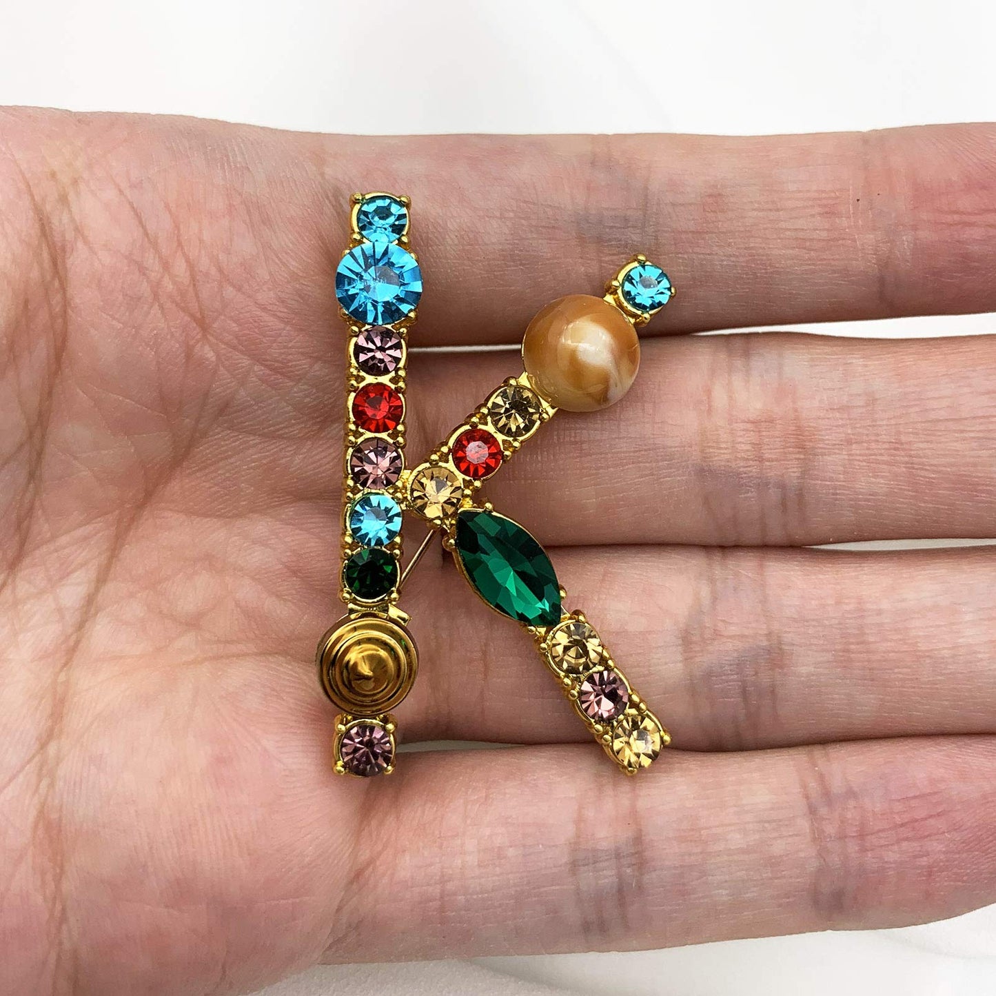 XGALBLA Letters K Plated Metal Stone Clear Colorful Crystal Lapel Pin Brooches Collar(Gold Tone)